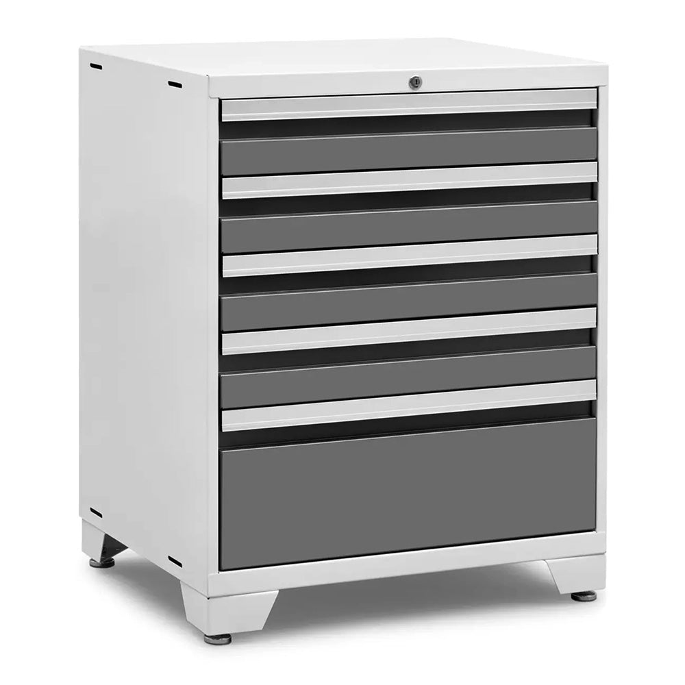 White Metal Tool Cabinet With Grey Drawers And Top Lock