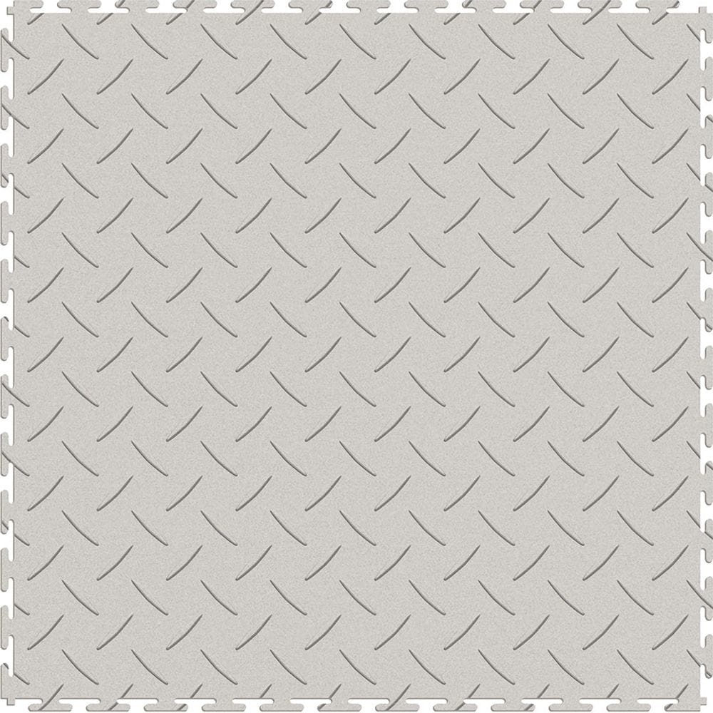 White Perfection Tile Premium Garage Floor Tiles With A Diamond Plate, Featuring A Repeating Diagonal Arrangement Of Raised Ridges