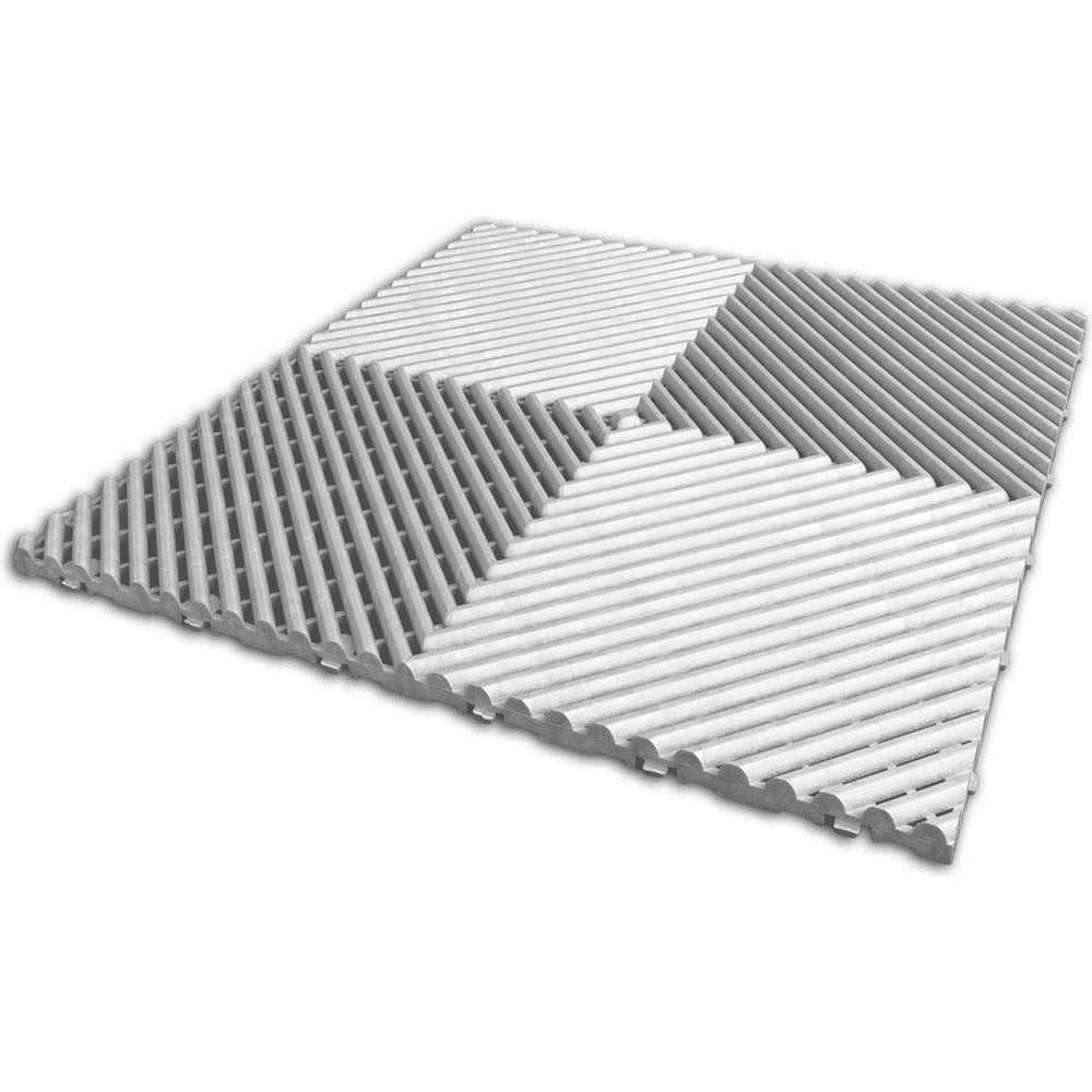 White Race Deck Free Flow XL Composed Of White Evenly Spaced Parallel Slats Arranged In A Symmetrical Triangular Pattern