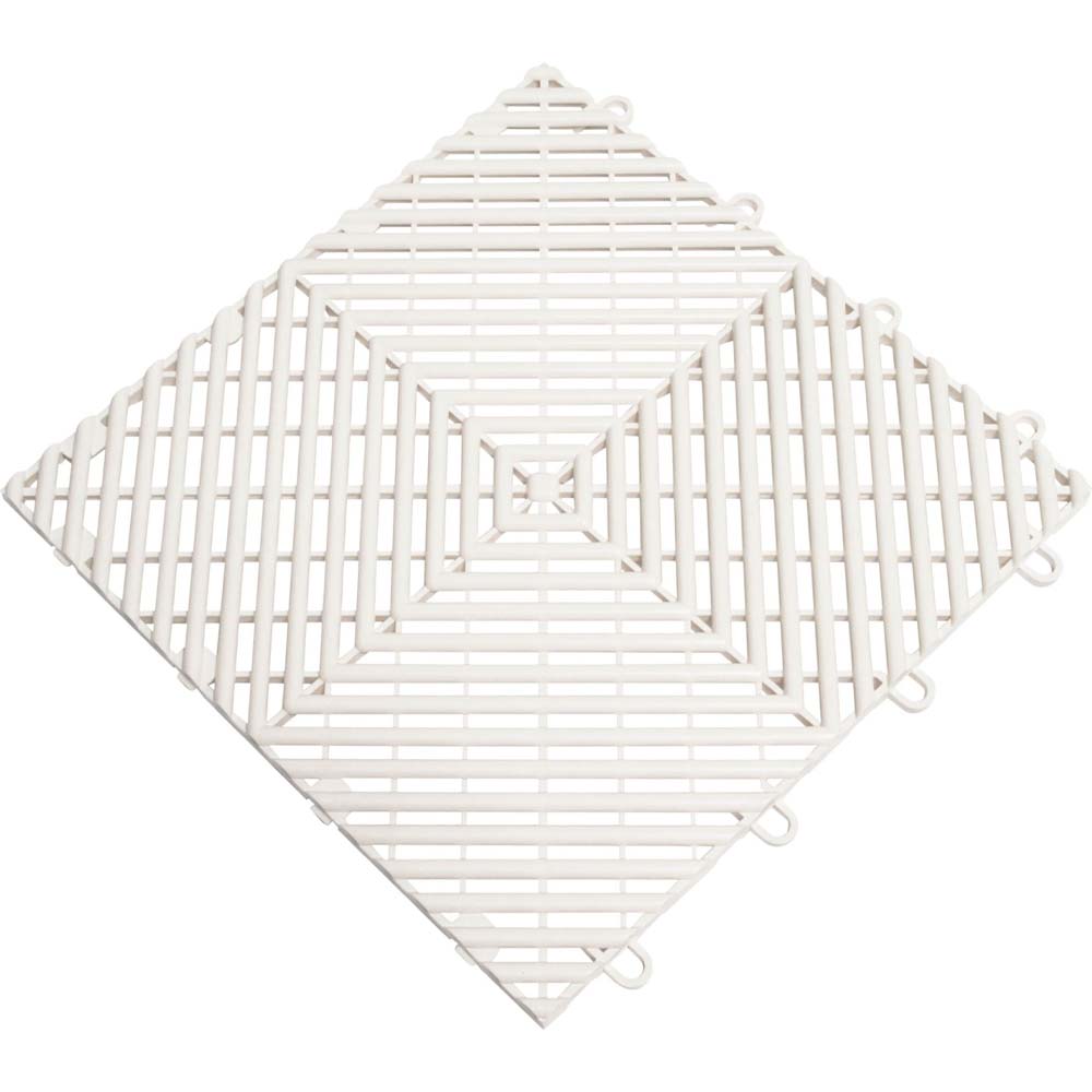 White Race Deck Garage Flooring With A Geometric Diamond Shaped Pattern Created By Intersecting Slats