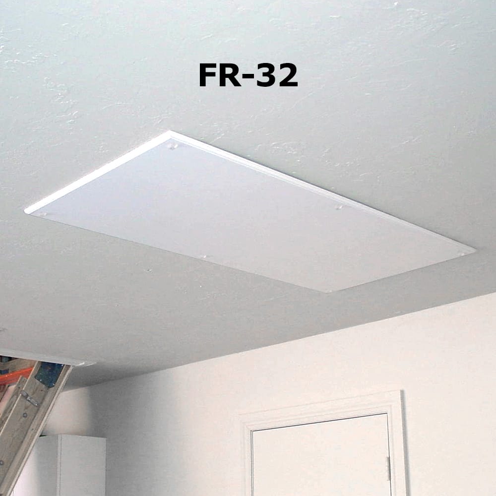 White Rectangular Ceiling Panel Labeled FR 32 Installed Flush With The Surrounding Textured Ceiling
