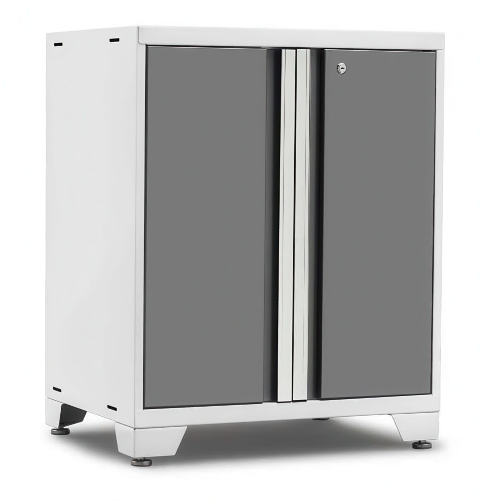 White Steel Base Cabinet With Two Grey Doors And A Tall Central Silver Handle On Adjustable Feet
