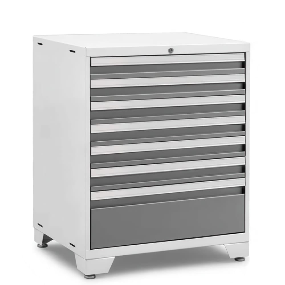 White Steel Tool Cabinet With Six Shallow Drawers And One Deep Locking Drawer On Leveling Feet