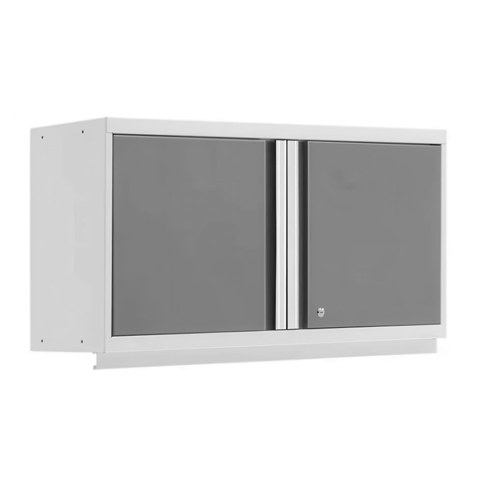 White Wall Mounted Cabinet With Two Gray Doors Central Silver Pulls And Right Door Lock