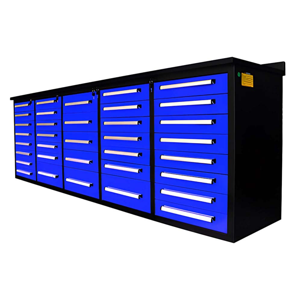 Wide Angled View Shows A Blue Multi Drawer Workbench With A Black Frame