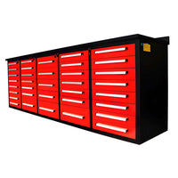 Wide Angled View Shows A Red Multi Drawer Workbench With A Black Frame
