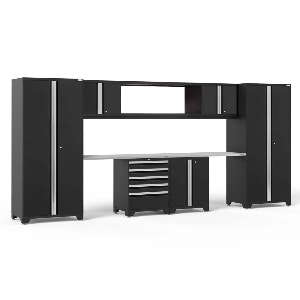 Wide Black Garage Cabinet System With Dual Tall Lockers Overhead Storage And Central Workstation With Drawer Unit