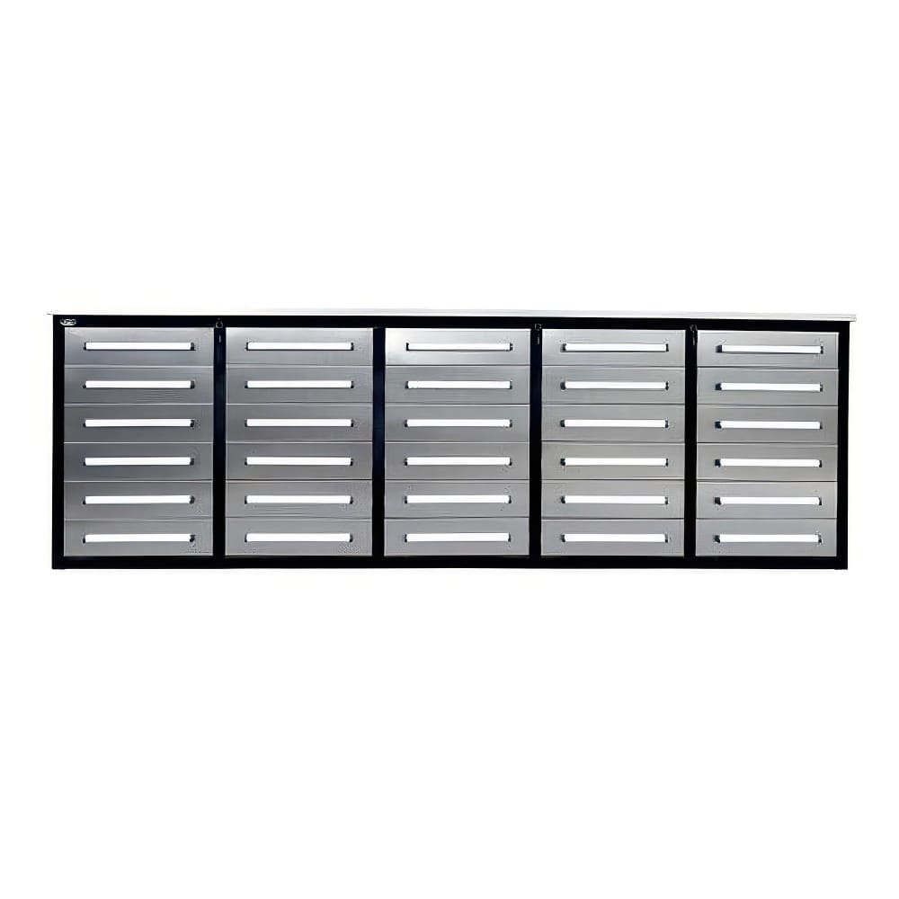 Wide Drawer Bank Features Five Silver Tool Cabinet Columns With Multiple Drawers