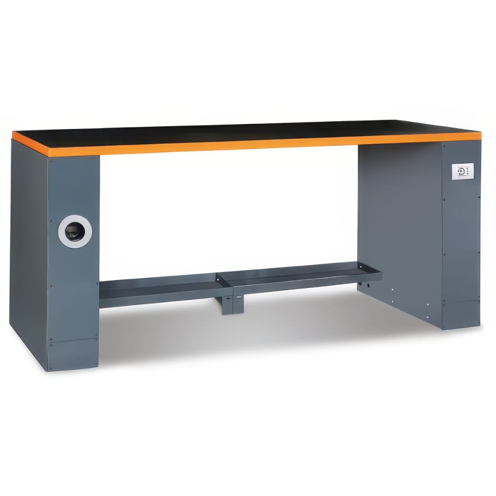 Wide Gray Workshop Workbench With Black Top Orange Front Border Left Circular Access Port Right Electrical Module And Open Lower Support Rail
