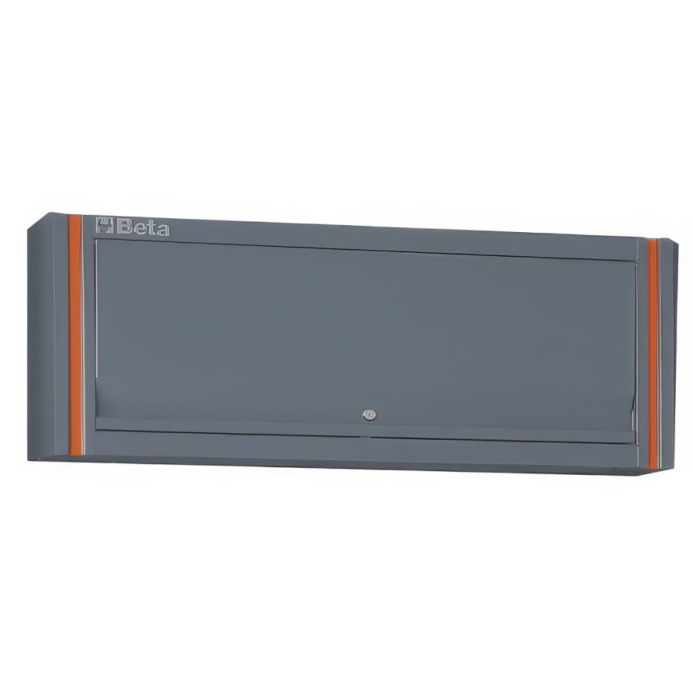 Wide Overhead Workshop Cabinet With A Locking Lift Up Door And Contrasting Orange Trim