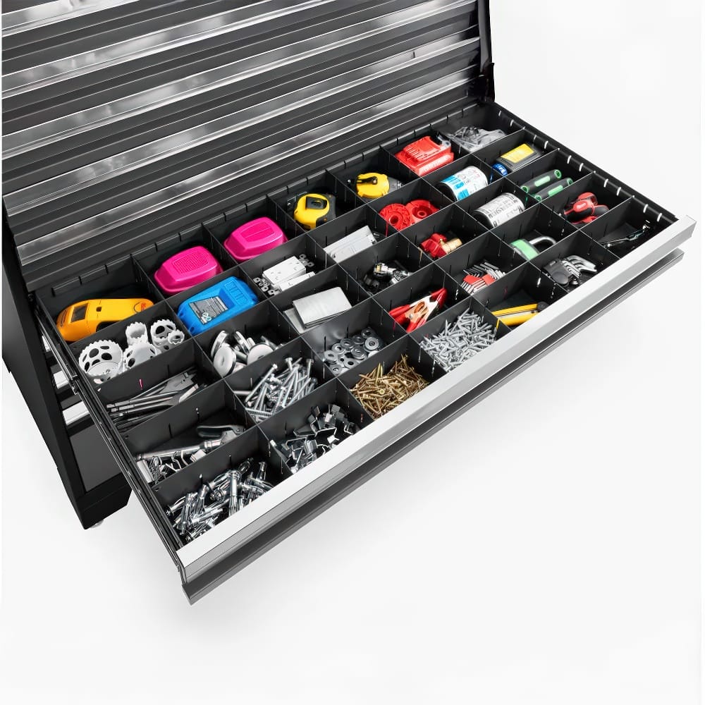 Wide Tool Drawer With Grid Dividers Neatly Sorting Tape Measures Bits Screws And Fasteners