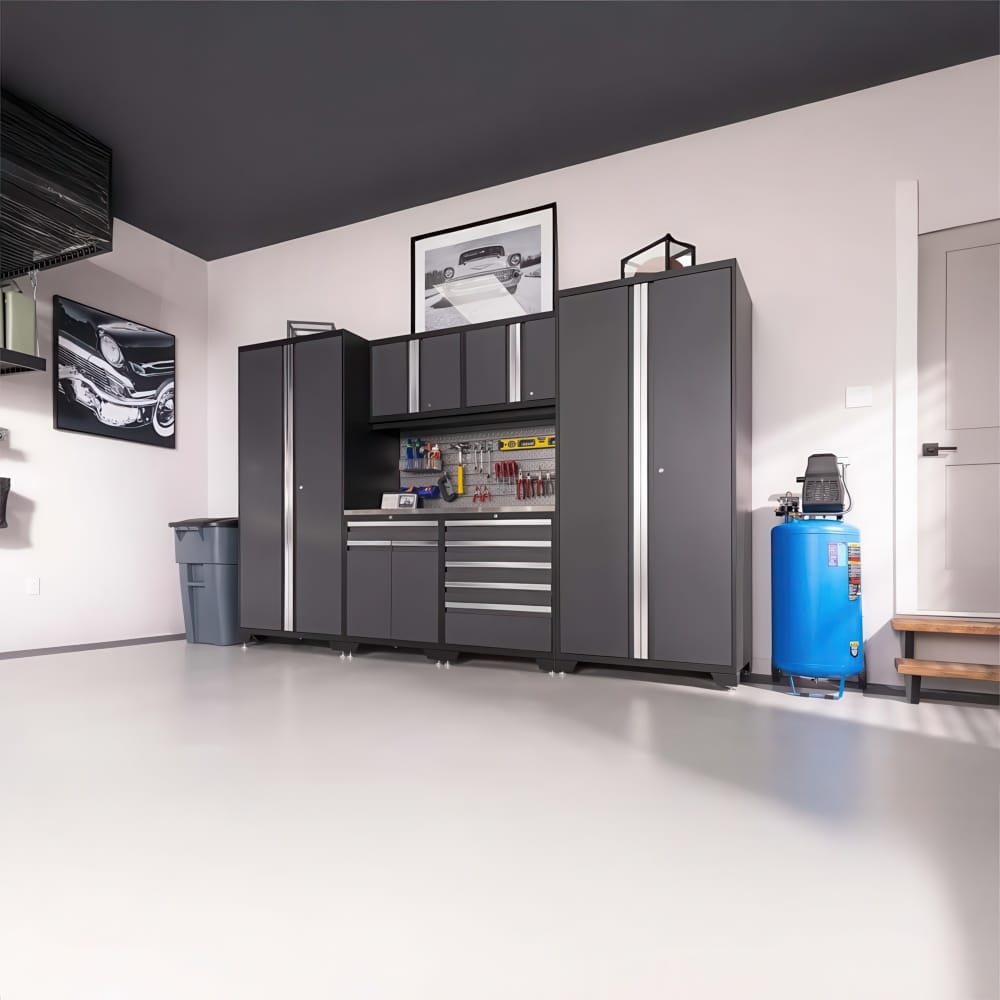 Wide View Of Modern Garage With Full Wall Cabinet System Workstation