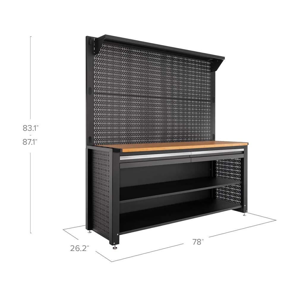 Wide Wood Topped Garage Workbench With Tall Pegboard Back Steel Shelves And Labeled Dimensions