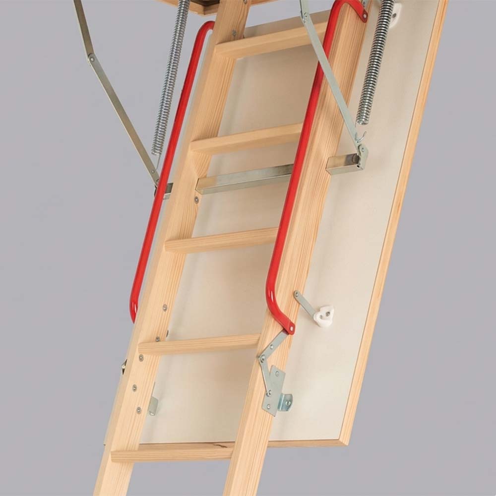 Wood Attic Ladder With Red Handrails Attached To A Ceiling Hatch With Metal Spring Arms