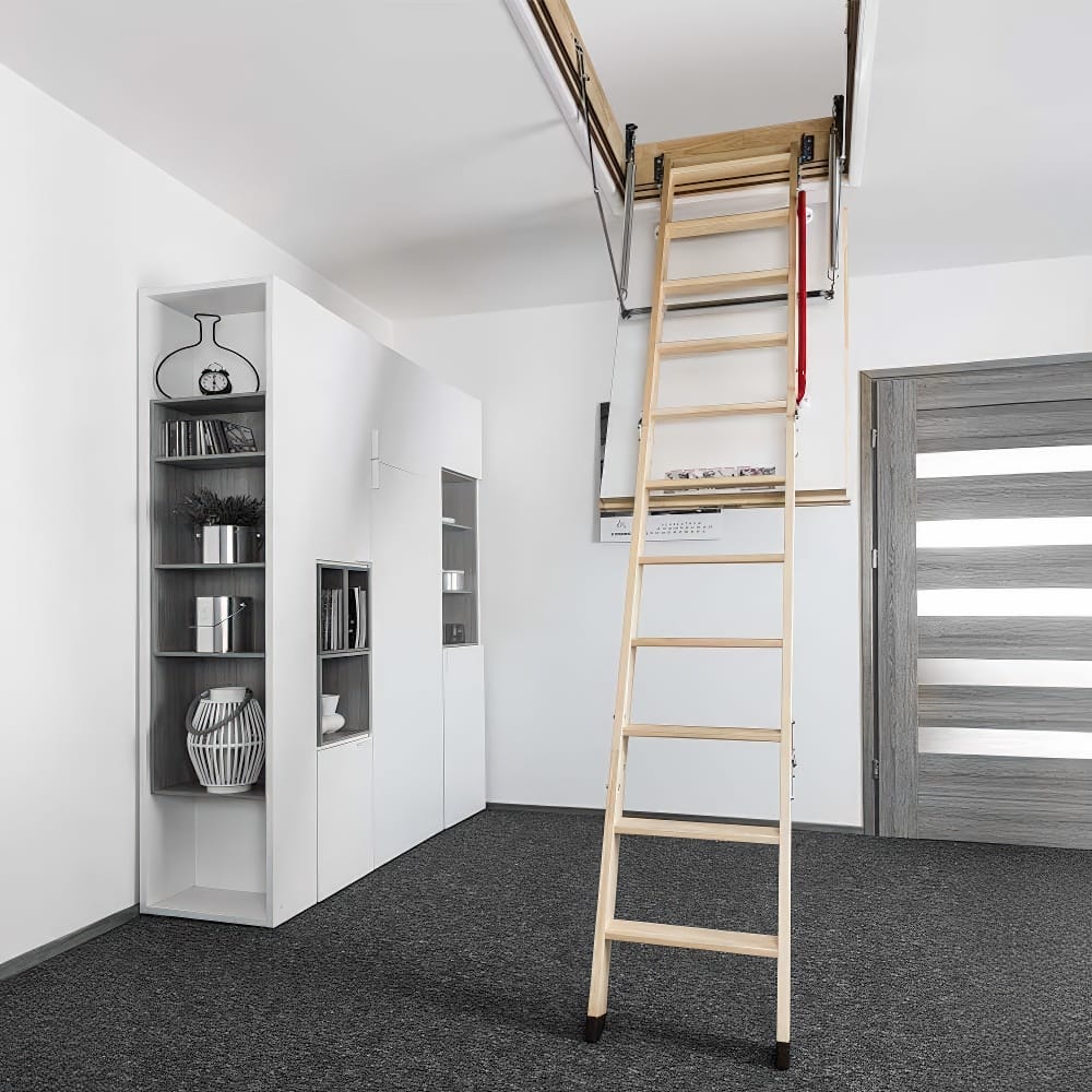 Wood Folding Attic Ladder Fully Extended From A Ceiling Hatch