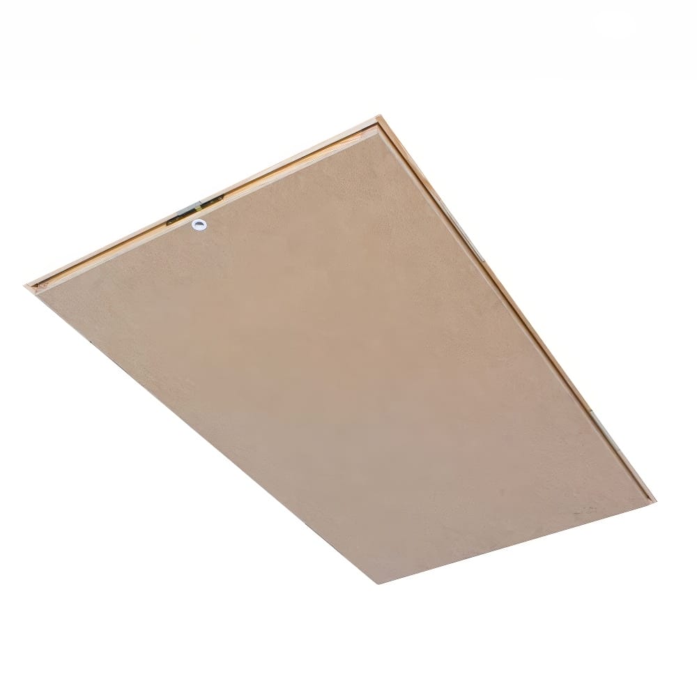 Wooden Attic Hatch Door With Pull Ring Handle Installed In Ceiling