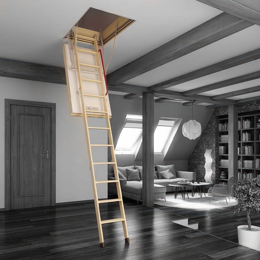 Wooden Attic Ladder Extends From A Ceiling Hatch Near A Cozy Sitting Area With Modern Furniture