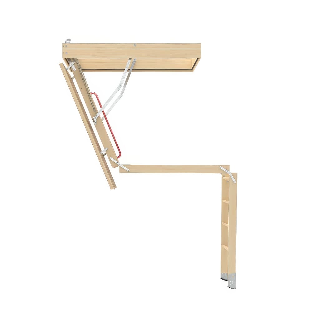 Wooden Attic Ladder In Partially Folded Position With Metal Supports And Red Handle