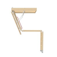 Wooden Attic Ladder In Partially Folded Position With Metal Supports And Red Handle