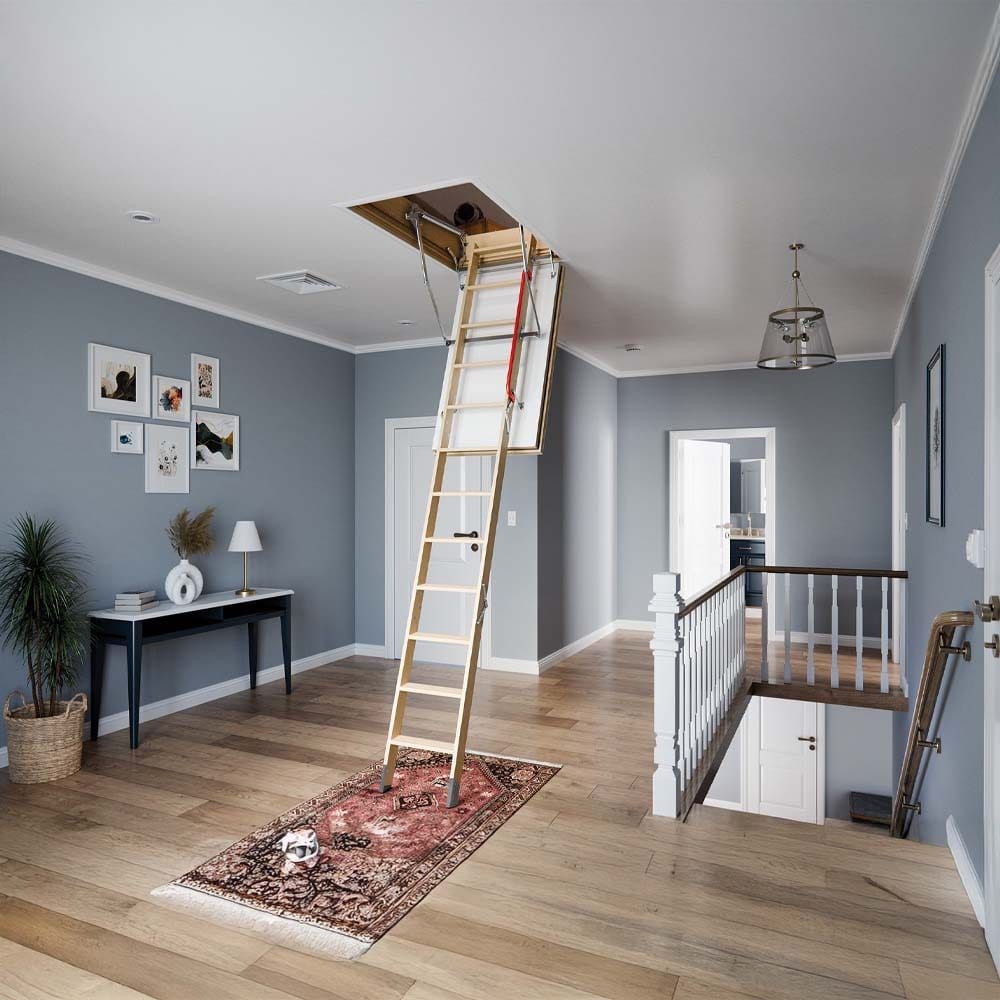 Wooden Attic Ladder Is Extended From A Ceiling Hatch In A Well-Lit Modern Hallway