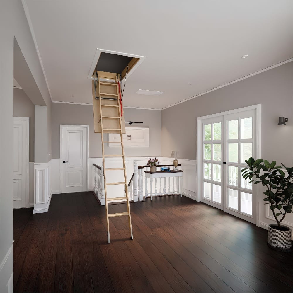 Wooden Attic Ladder Unfolded From Ceiling In Bright Hallway Interior