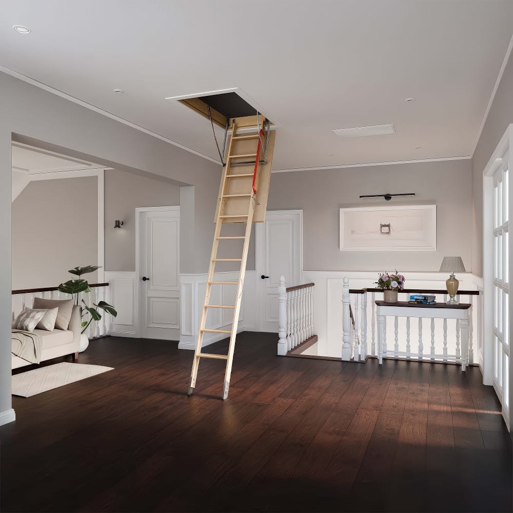 Wooden Pull Down Attic Ladder Extended From Ceiling In Modern Hallway