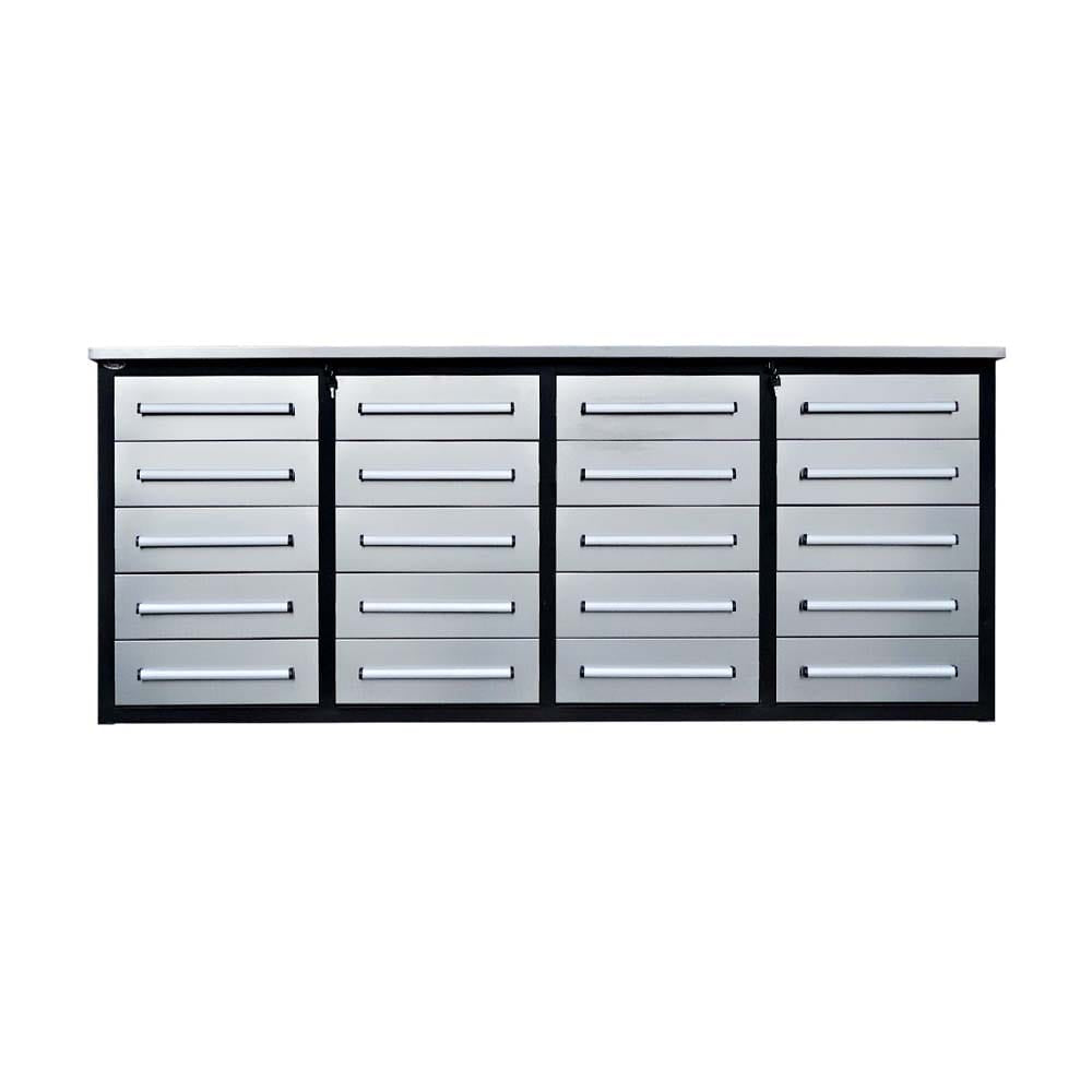 Workbench Base With Four Banks Of Silver Drawers And A Flat Metal Top