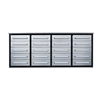 Workbench Base With Four Banks Of Silver Drawers And A Flat Metal Top