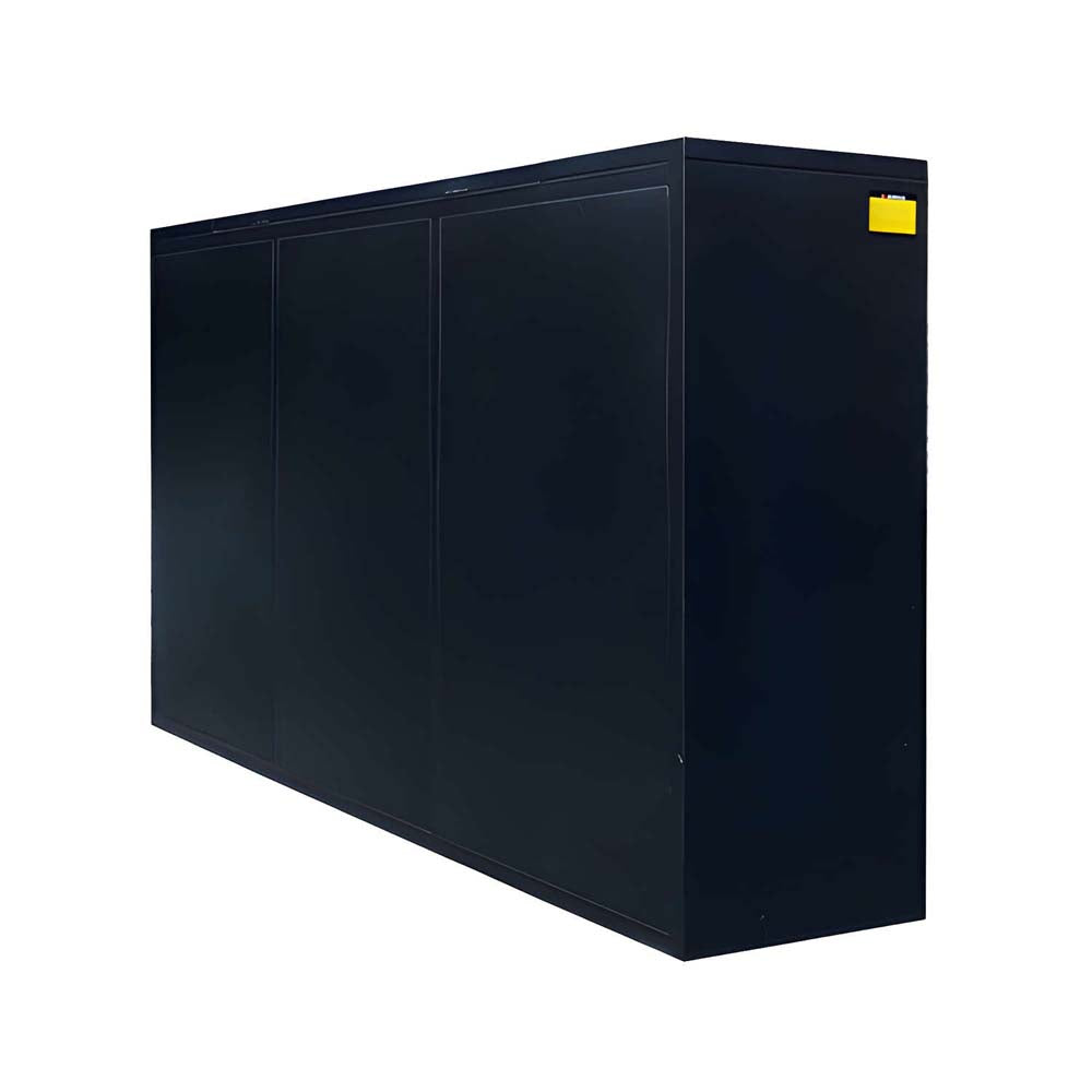 Workbench Cabinet Back View With Three Flush Panel Sections And A Small Yellow Warning Label