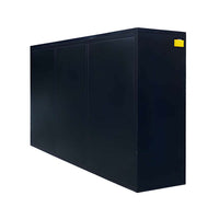 Workbench Cabinet Back View With Three Flush Panel Sections And A Small Yellow Warning Label