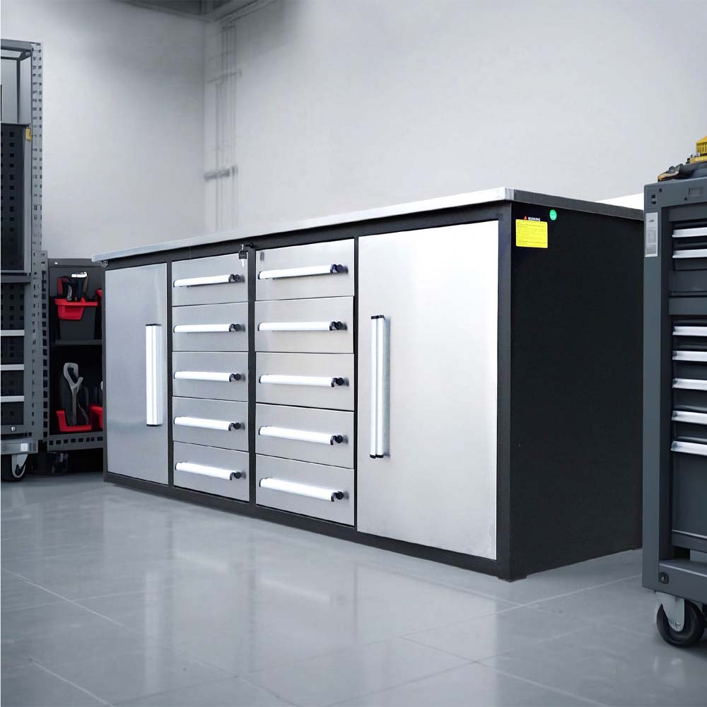 Workbench Cabinet With Silver Doors And Multiple Drawers