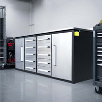 Workbench Cabinet With Silver Doors And Multiple Drawers
