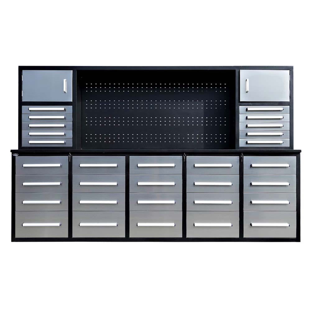 Workbench Hutch With A Center Pegboard Backpanel Two Upper Cabinets And Multiple Storage Drawers