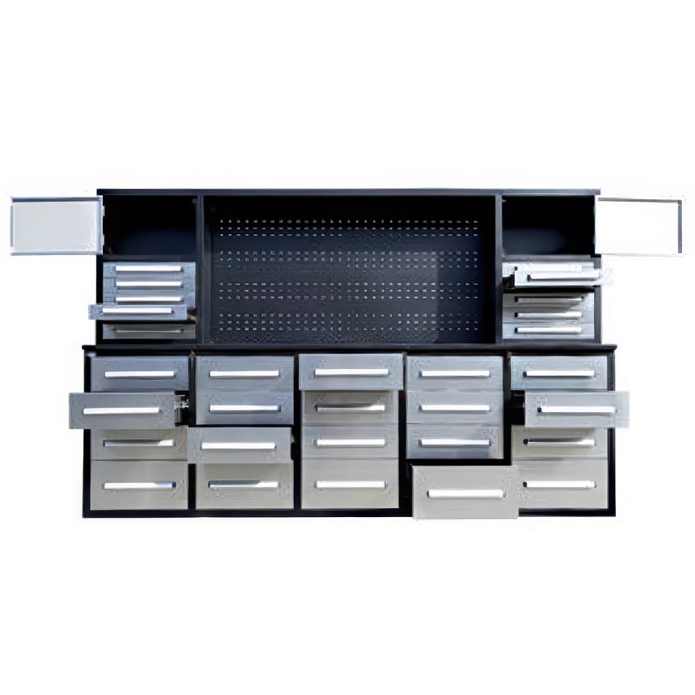 Workbench Hutch With A Central Pegboard And Multiple Silver Drawers