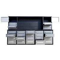 Workbench Hutch With A Central Pegboard And Multiple Silver Drawers