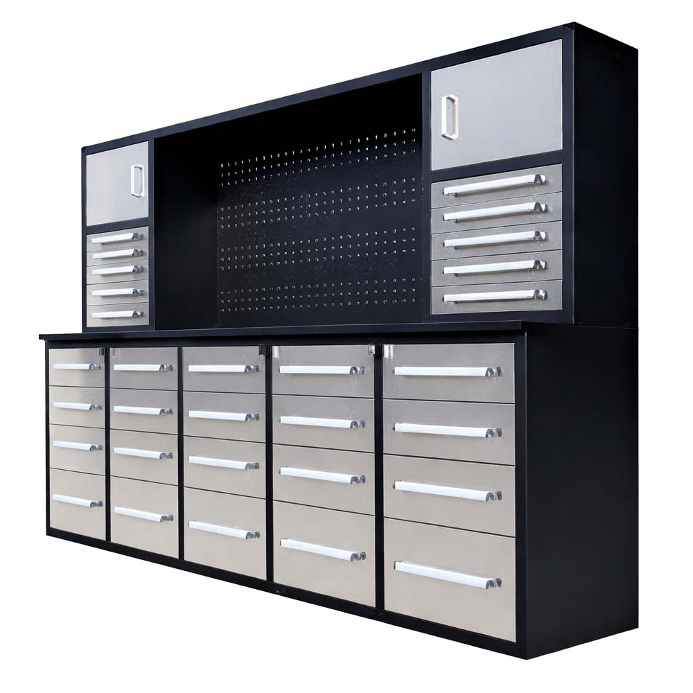 Workbench Hutch With A Large Pegboard Back Upper Cabinets And Multiple Silver Drawer Section