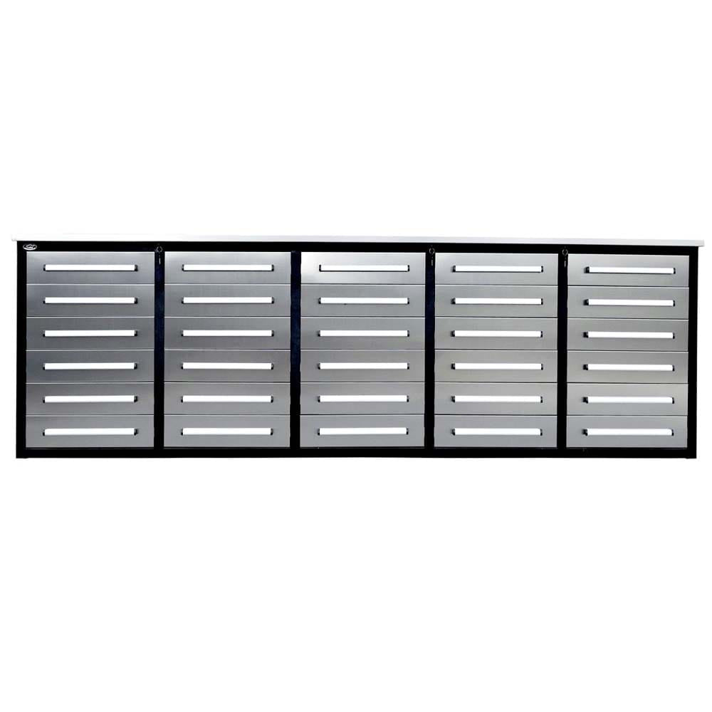 Workbench Storage Cabinet Features Five Columns Of Drawers Topped With A Smooth Work Surface