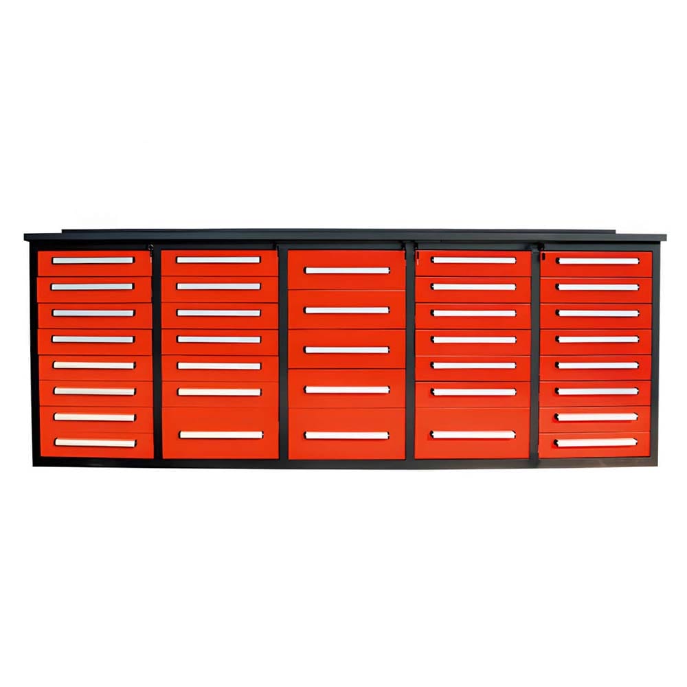 Workbench Storage Cabinet Has Five Drawer Sections With Silver Bar Handles