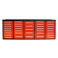 Workbench Storage Cabinet Has Five Drawer Sections With Silver Bar Handles