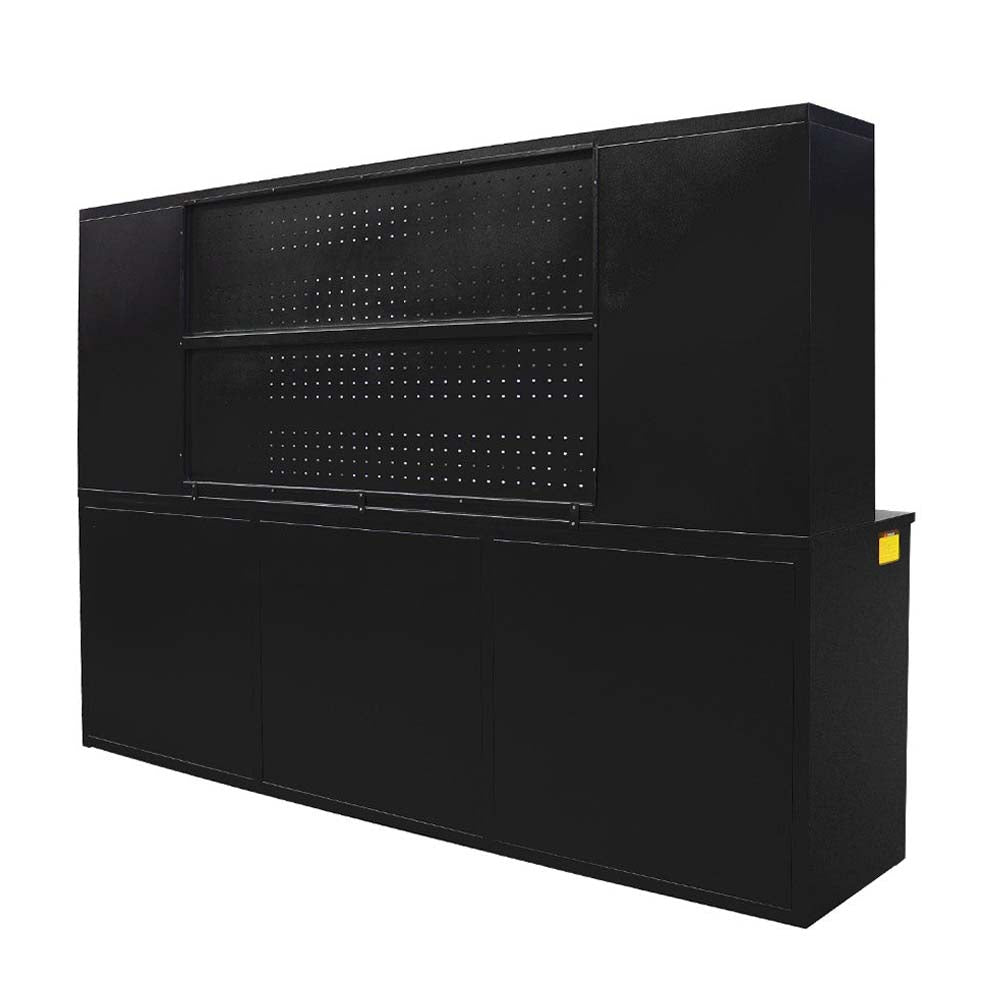Workbench Storage System With A Fold Down Pegboard Panel And Enclosed Base Cabinets