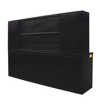 Workbench Storage System With A Fold Down Pegboard Panel And Enclosed Base Cabinets