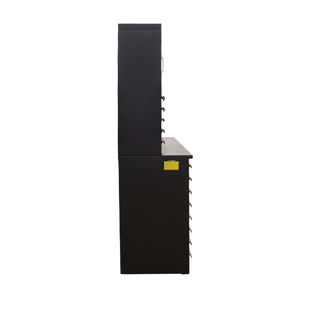 Workbench Storage System With A Raised Back Section And A Deep Base Cabinet