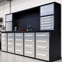 Workbench System Features An Upper Hutch With Pegboard