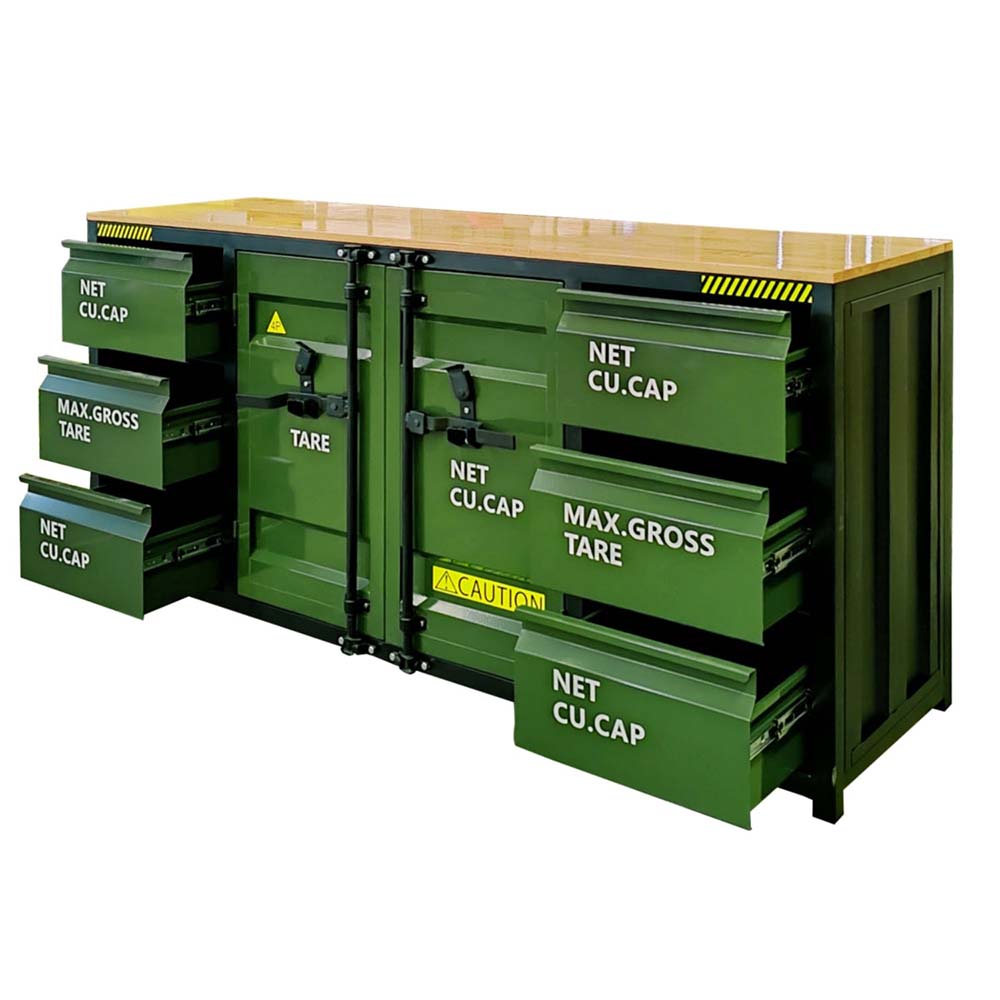 Workbench With Multiple Drawers Pulled Out And Central Doors Beneath