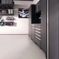 Workshop Space Featuring Pro 3.0 Series 9 Piece Garage Storage Set With Utility Cart And Shelves Holding Various Tools And Supplies