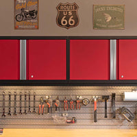 Workshop With NewAge 42 Inch Pro Series Wall Cabinet Pegboard Displaying Neatly Arranged Hand Tools And Vintage Signs