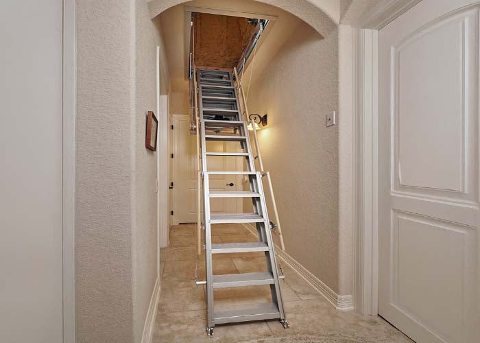 eLAIR One-Touch Electric Attic Stairway in a straight hallway